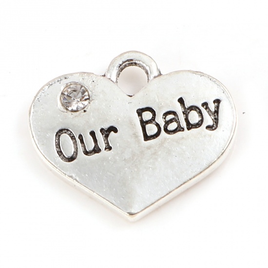 Picture of Zinc Based Alloy Family Jewelry Charms Heart Antique Silver Color Message " Our Baby " Clear Rhinestone 17mm x 14mm, 10 PCs