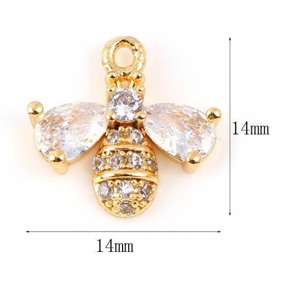 Imagen de Latón Insecto Colgantes Charms Oro lleno Abejas Micro Pave Claro Circón Artificial 14mm x 14mm,