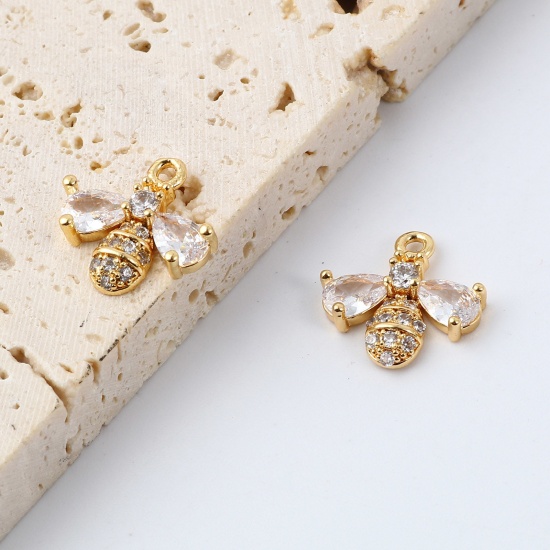 Imagen de Latón Insecto Colgantes Charms Oro lleno Abejas Micro Pave Claro Circón Artificial 14mm x 14mm,