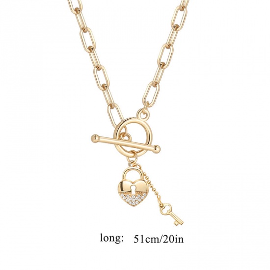 Picture of Copper Valentine's Day Necklace 18K Real Gold Plated Key Heart Lock Clear Rhinestone 51cm(20 1/8") long, 1 Piece