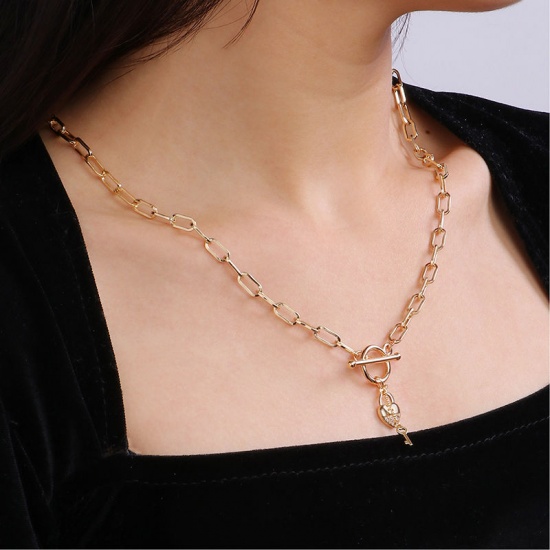 Picture of Copper Valentine's Day Necklace 18K Real Gold Plated Key Heart Lock Clear Rhinestone 51cm(20 1/8") long, 1 Piece
