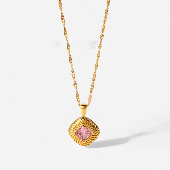 Picture of Stainless Steel Necklace 18K Real Gold Plated Square Pink Cubic Zirconia 40.5cm(16") long, 1 Piece