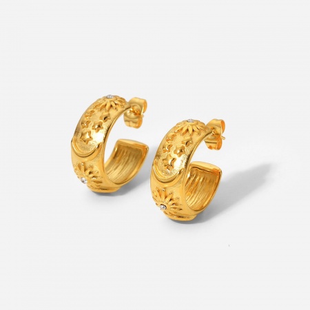 1 Pair Vacuum Plating Stainless Steel Hoop Earrings 18K Real Gold Plated C Shape Sun Clear Cubic Zirconia 18.9mm