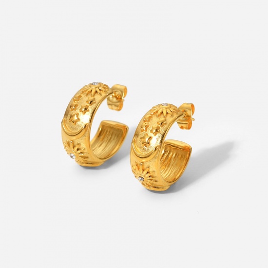 Imagen de 1 Par Enchapado al Vacío Acero Inoxidable Aretes de Aro 18K Oro lleno Forma de C Sol Claro Circón Artificial 18.9mm