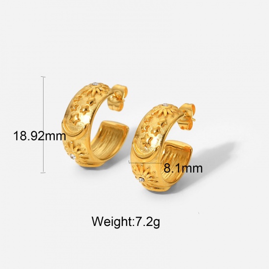 Imagen de 1 Par Enchapado al Vacío Acero Inoxidable Aretes de Aro 18K Oro lleno Forma de C Sol Claro Circón Artificial 18.9mm