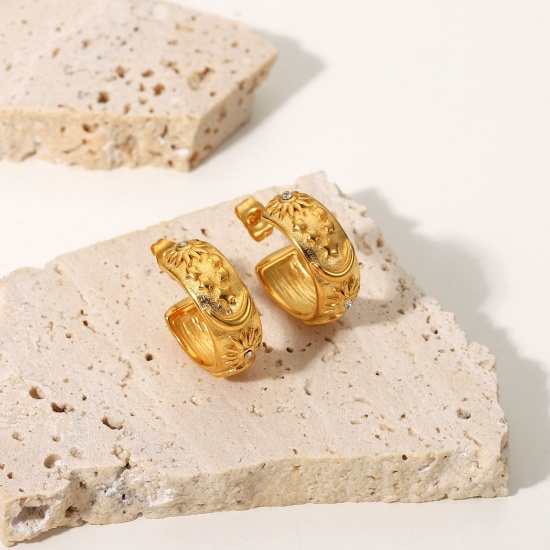 Imagen de 1 Par Enchapado al Vacío Acero Inoxidable Aretes de Aro 18K Oro lleno Forma de C Sol Claro Circón Artificial 18.9mm