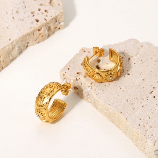 Imagen de 1 Par Enchapado al Vacío Acero Inoxidable Aretes de Aro 18K Oro lleno Forma de C Sol Claro Circón Artificial 18.9mm