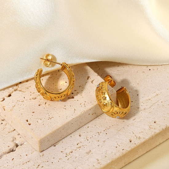Imagen de 1 Par Enchapado al Vacío Acero Inoxidable Aretes de Aro 18K Oro lleno Forma de C Sol Claro Circón Artificial 18.9mm
