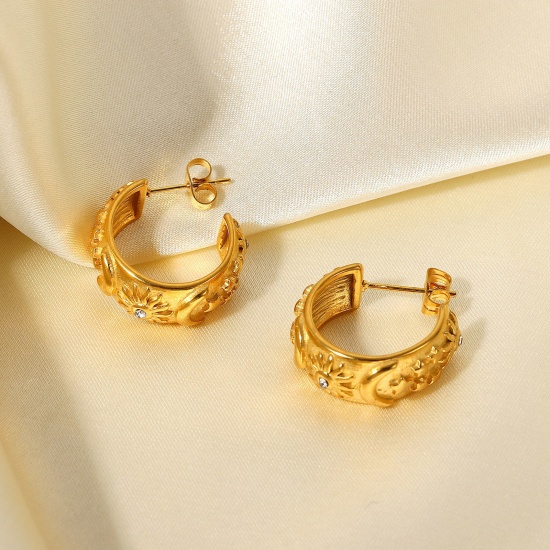 Imagen de 1 Par Enchapado al Vacío Acero Inoxidable Aretes de Aro 18K Oro lleno Forma de C Sol Claro Circón Artificial 18.9mm