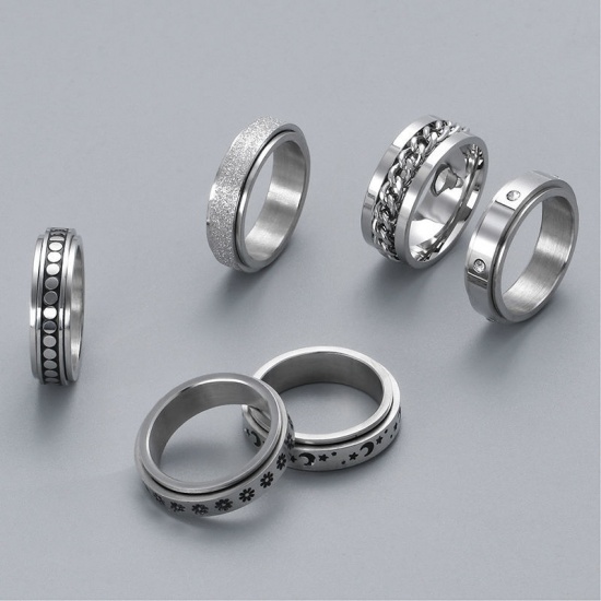 Picture of Wholesale Women's Gift Rotatable Unadjustable Stress Relieving Anti Anxiety Fidget Spinner Band Rings, Silver Tone 304 Stainless Steel, Eco-friendly Simple Retro Jewelry Supply, 17.3mm(US Size 7), 1 Set ( 6 PCs/Set)