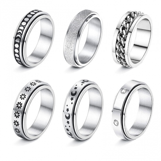 Picture of Wholesale Unisex Gift Rotatable Unadjustable Stress Relieving Anti Anxiety Fidget Spinner Band Rings, Silver Tone 304 Stainless Steel, Eco-friendly Simple Retro Jewelry Supply, 19.8mm(US Size 10), 1 Set ( 6 PCs/Set)