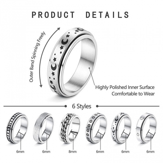 Picture of Wholesale Unisex Gift Rotatable Unadjustable Stress Relieving Anti Anxiety Fidget Spinner Band Rings, Silver Tone 304 Stainless Steel, Eco-friendly Simple Retro Jewelry Supply, 20.6mm(US Size 11), 1 Set ( 6 PCs/Set)