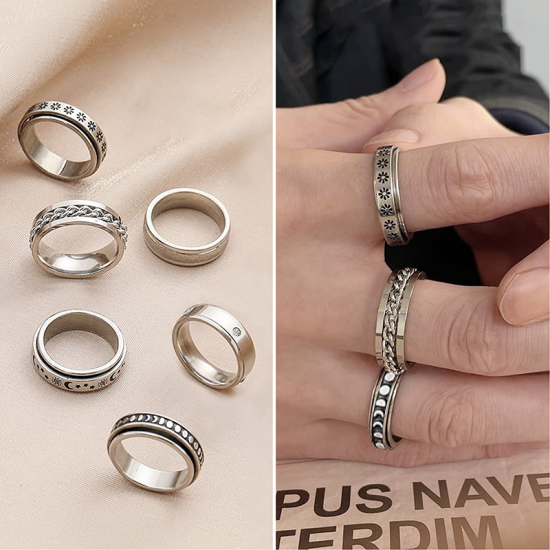 Picture of Wholesale Unisex Gift Rotatable Unadjustable Stress Relieving Anti Anxiety Fidget Spinner Band Rings, Silver Tone 304 Stainless Steel, Eco-friendly Simple Retro Jewelry Supply, 20.6mm(US Size 11), 1 Set ( 6 PCs/Set)