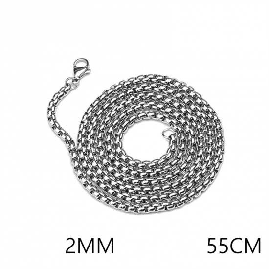 Picture of 201 Stainless Steel Box Chain Necklace Silver Tone 55cm(21 5/8") long, Chain Size: 2mm, 1 Piece