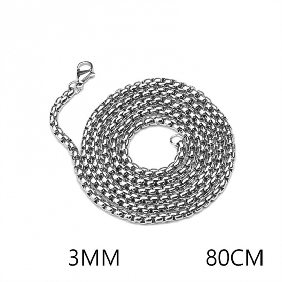 Picture of 201 Stainless Steel Box Chain Necklace Silver Tone 80cm(31 4/8") long, Chain Size: 3mm, 1 Piece