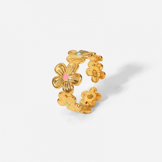 Bild von Umweltfreundlich Stilvoll Stilvoll 18K Gold Bunt 304 Edelstahl Offen Verstellbar Blumen Emaille Ring Für Frauen 1 Stück