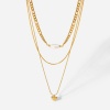 Picture of 1 Piece Vacuum Plating Stainless Steel Multilayer Layered Necklace 18K Real Gold Plated Heart Imitation Pearl 35.5cm(14") long