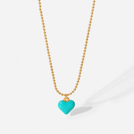 Picture of Stainless Steel Necklace 18K Real Gold Plated Heart Enamel Green Cubic Zirconia 45cm(17 6/8") long, 1 Piece