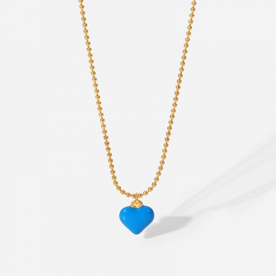 Picture of Stainless Steel Necklace 18K Real Gold Plated Heart Enamel Blue Cubic Zirconia 45cm(17 6/8") long, 1 Piece