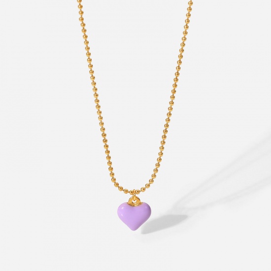 Picture of Stainless Steel Necklace 18K Real Gold Plated Heart Enamel Purple Cubic Zirconia 45cm(17 6/8") long, 1 Piece