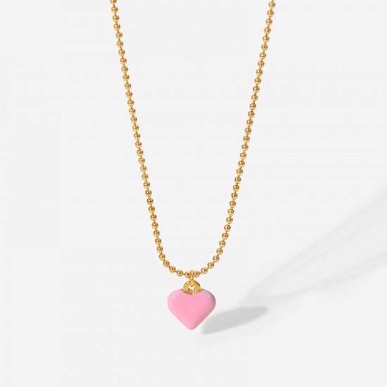 Picture of Stainless Steel Necklace 18K Real Gold Plated Heart Enamel Pink Cubic Zirconia 45cm(17 6/8") long, 1 Piece
