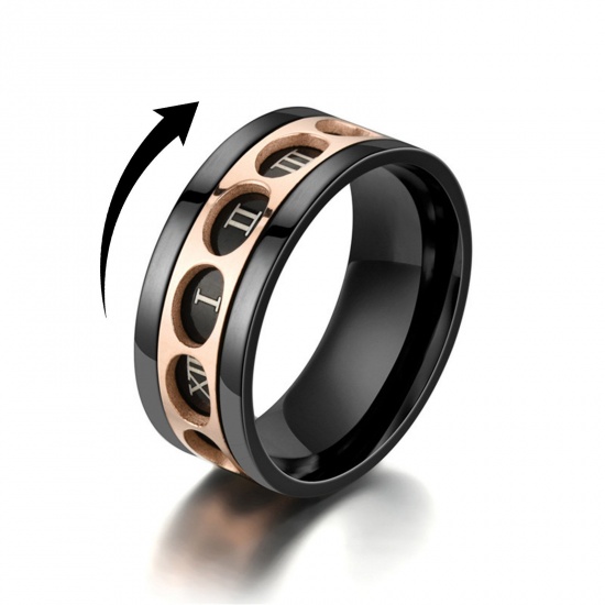 Picture of Stainless Steel Unadjustable Anti Anxiety Rings Rose Gold Black Rotatable 17.3mm(US Size 7), 1 Piece