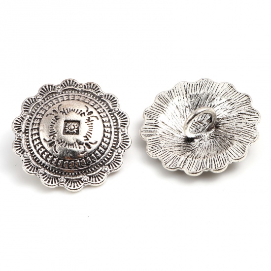 Picture of Zinc Based Alloy Metal Sewing Shank Buttons Flower Antique Silver Color Rhombus Carved 29mm x 29mm, 3 PCs
