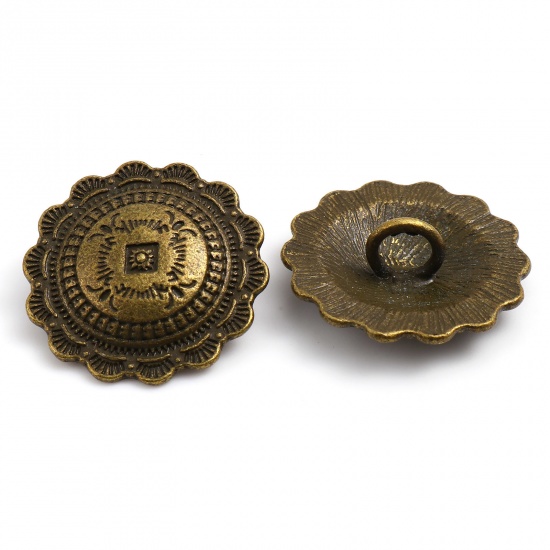 Picture of Zinc Based Alloy Metal Sewing Shank Buttons Flower Antique Bronze Rhombus Carved 29mm x 29mm, 3 PCs