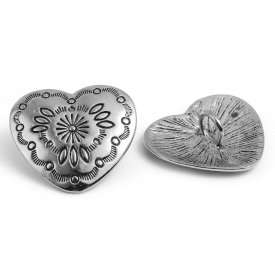 Picture of Zinc Based Alloy Valentine's Day Metal Sewing Shank Buttons Heart Antique Silver Color Geometric Carved 29mm x 27mm, 3 PCs