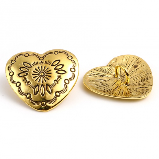 Picture of Zinc Based Alloy Valentine's Day Metal Sewing Shank Buttons Heart Gold Tone Antique Gold Geometric Carved 29mm x 27mm, 3 PCs