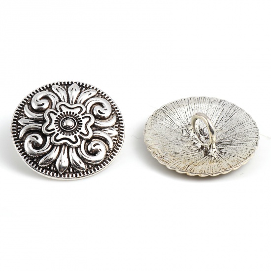 Picture of Zinc Based Alloy Metal Sewing Shank Buttons Round Antique Silver Color Flower Carved 3cm Dia., 3 PCs