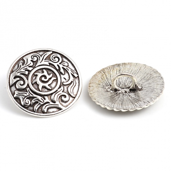 Picture of Zinc Based Alloy Metal Sewing Shank Buttons Round Antique Silver Color Leaf Carved 3cm Dia., 3 PCs