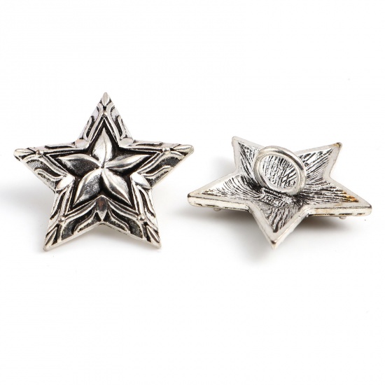 Picture of Zinc Based Alloy Galaxy Metal Sewing Shank Buttons Star Antique Silver Color Flower Carved 3cm x 2.8cm, 3 PCs