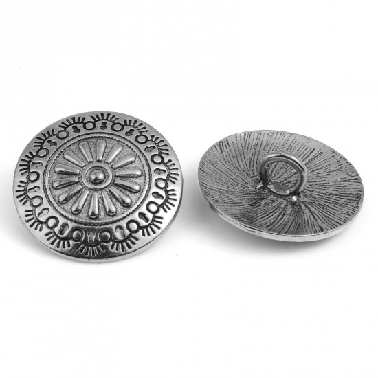 Picture of Zinc Based Alloy Metal Sewing Shank Buttons Round Antique Silver Color Flower Carved 29mm Dia., 3 PCs