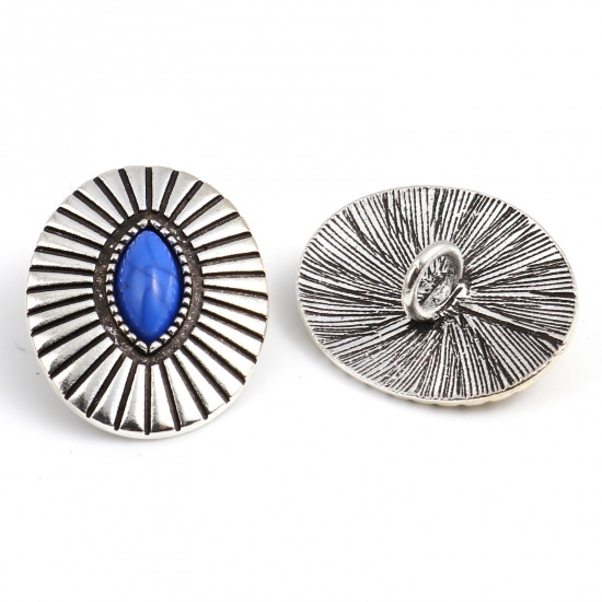 Picture of Zinc Based Alloy & Acrylic Boho Chic Bohemia Metal Sewing Shank Buttons Marquise Antique Silver Color Dark Blue Geometric Carved 3.3cm x 2.6cm, 3 PCs