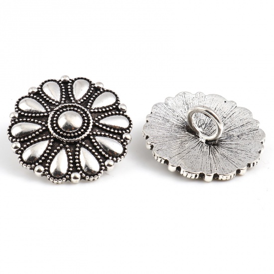 Picture of Zinc Based Alloy Metal Sewing Shank Buttons Daisy Flower Antique Silver Color 3cm Dia., 3 PCs