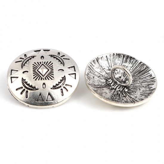 Picture of Zinc Based Alloy Metal Sewing Shank Buttons Round Antique Silver Color Geometric Carved 29mm Dia., 3 PCs