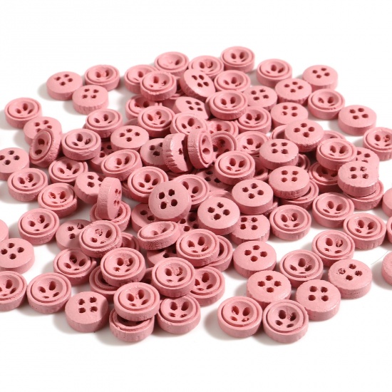 Picture of Wood Sewing Buttons Scrapbooking 4 Holes Round Pink 9mm Dia., 100 PCs