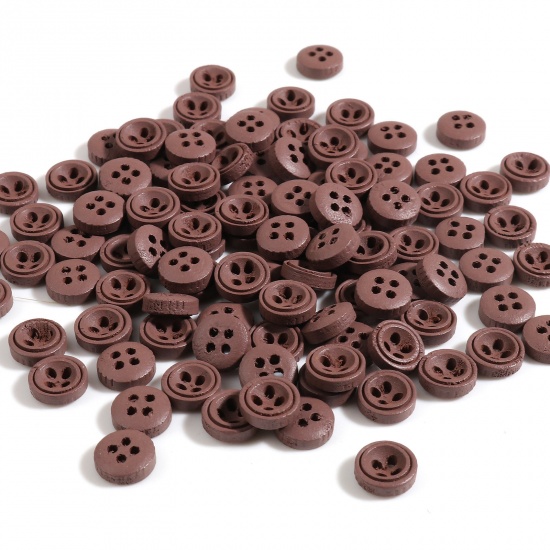 Picture of Wood Sewing Buttons Scrapbooking 4 Holes Round Dark Coffee 9mm Dia., 100 PCs