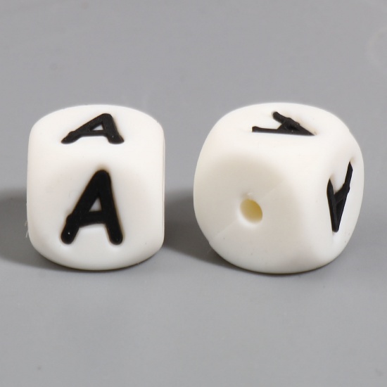 Picture of Silicone Spacer Beads Square White Initial Alphabet/ Capital Letter Pattern Message " A " About 12mm x 12mm, Hole: Approx 2.8mm, 10 PCs