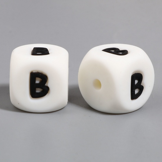 Picture of Silicone Spacer Beads Square White Initial Alphabet/ Capital Letter Pattern Message " B " About 12mm x 12mm, Hole: Approx 2.8mm, 10 PCs