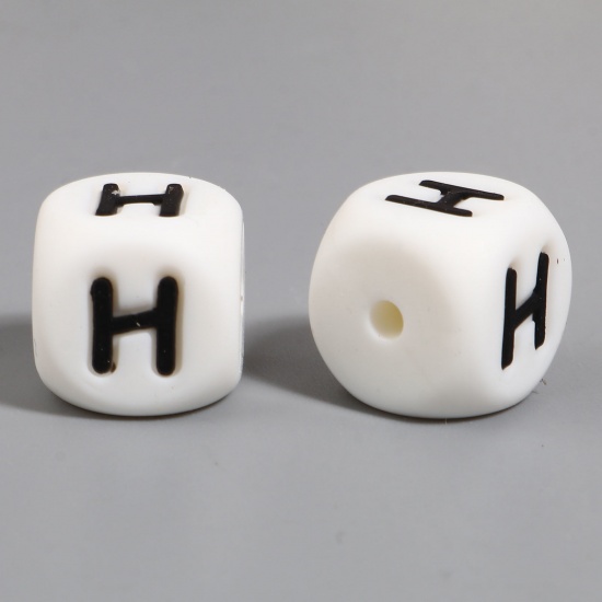 Picture of Silicone Spacer Beads Square White Initial Alphabet/ Capital Letter Pattern Message " H " About 12mm x 12mm, Hole: Approx 2.8mm, 10 PCs