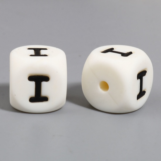 Picture of Silicone Spacer Beads Square White Initial Alphabet/ Capital Letter Pattern Message " I " About 12mm x 12mm, Hole: Approx 2.8mm, 10 PCs