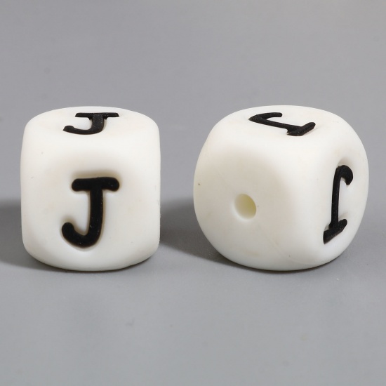 Picture of Silicone Spacer Beads Square White Initial Alphabet/ Capital Letter Pattern Message " J " About 12mm x 12mm, Hole: Approx 2.8mm, 10 PCs
