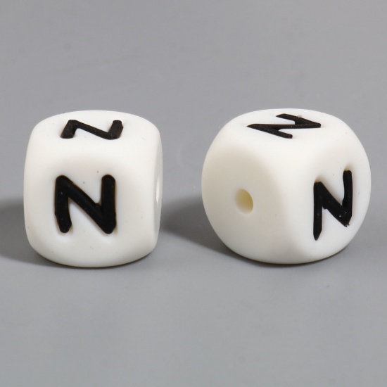 Picture of Silicone Spacer Beads Square White Initial Alphabet/ Capital Letter Pattern Message " N " About 12mm x 12mm, Hole: Approx 2.8mm, 10 PCs