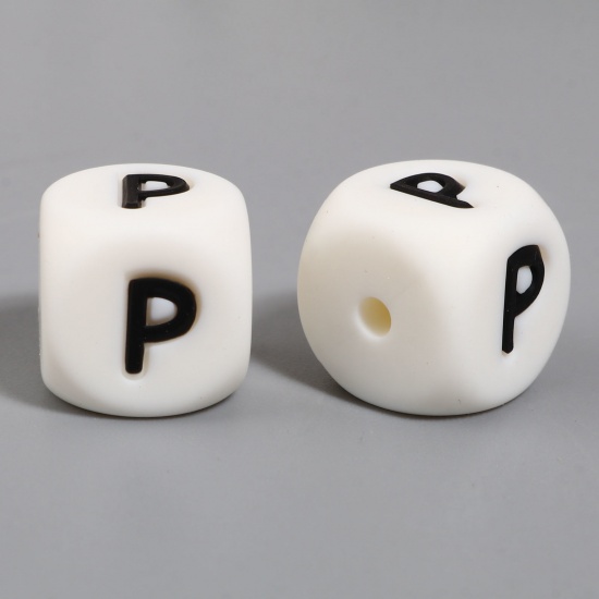 Picture of Silicone Spacer Beads Square White Initial Alphabet/ Capital Letter Pattern Message " P " About 12mm x 12mm, Hole: Approx 2.8mm, 10 PCs