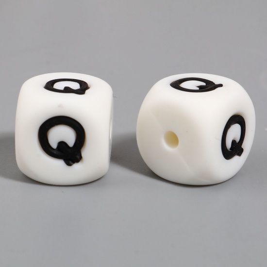 Picture of Silicone Spacer Beads Square White Initial Alphabet/ Capital Letter Pattern Message " Q " About 12mm x 12mm, Hole: Approx 2.8mm, 10 PCs