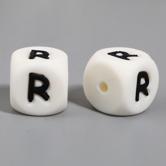 Picture of Silicone Spacer Beads Square White Initial Alphabet/ Capital Letter Pattern Message " R " About 12mm x 12mm, Hole: Approx 2.8mm, 10 PCs