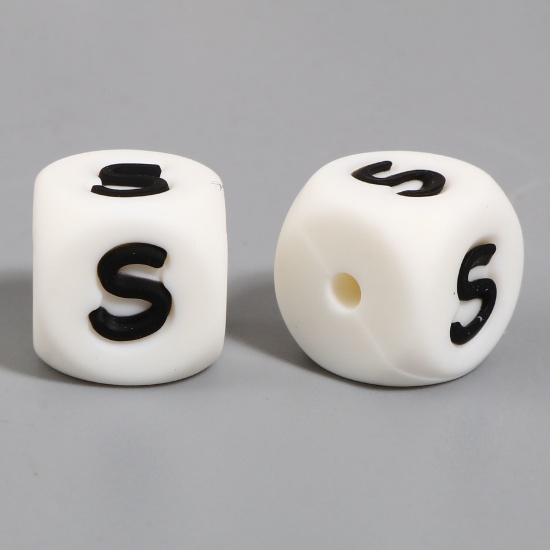 Picture of Silicone Spacer Beads Square White Initial Alphabet/ Capital Letter Pattern Message " S " About 12mm x 12mm, Hole: Approx 2.8mm, 10 PCs