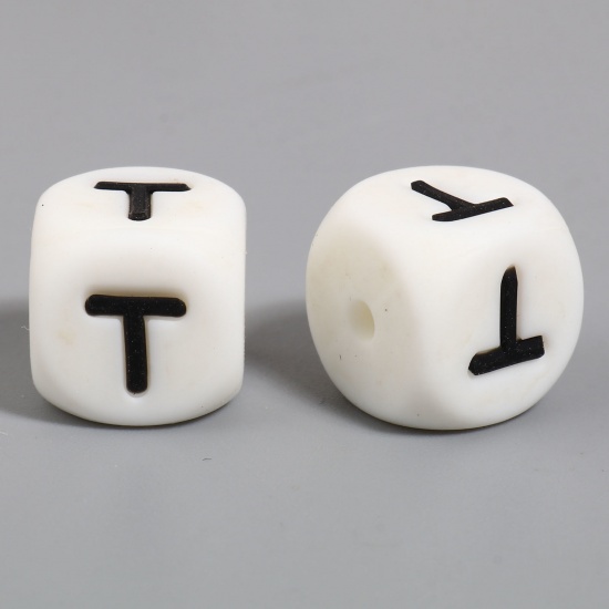 Picture of Silicone Spacer Beads Square White Initial Alphabet/ Capital Letter Pattern Message " T " About 12mm x 12mm, Hole: Approx 2.8mm, 10 PCs
